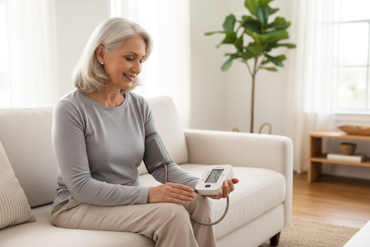 Senior woman using Xcel Med digital blood pressure monitor at home