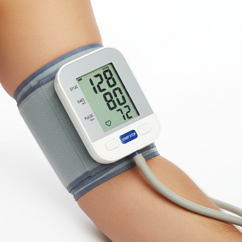 Digital upper arm blood pressure monitor cuff in use showing LCD reading