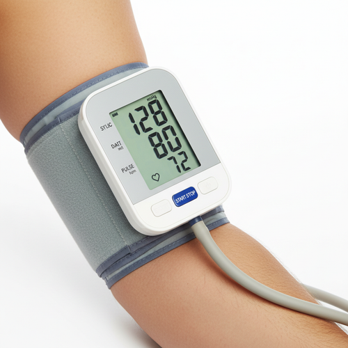 Digital upper arm blood pressure monitor cuff in use showing LCD reading