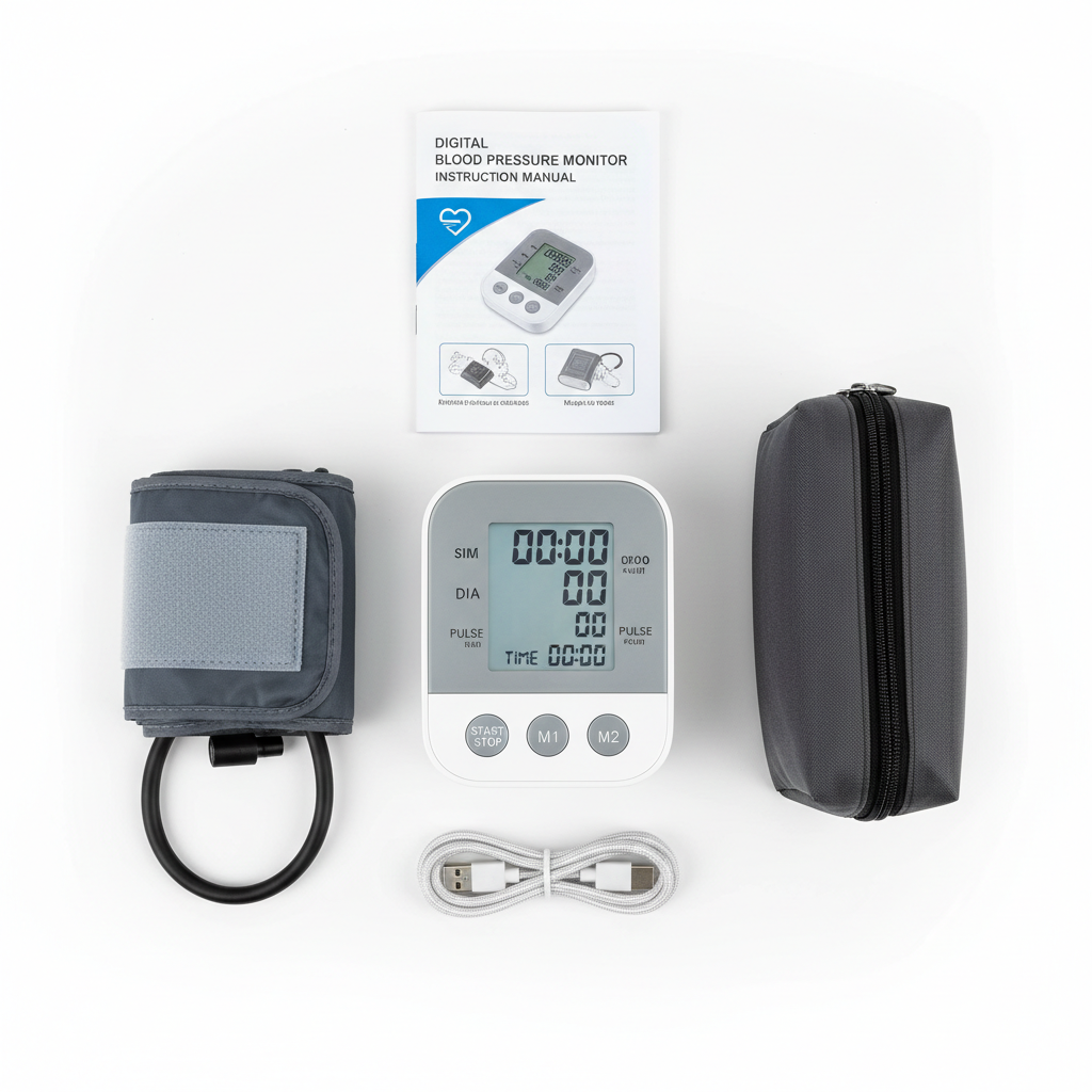 Digital blood pressure monitor kit flat lay showing all box contents